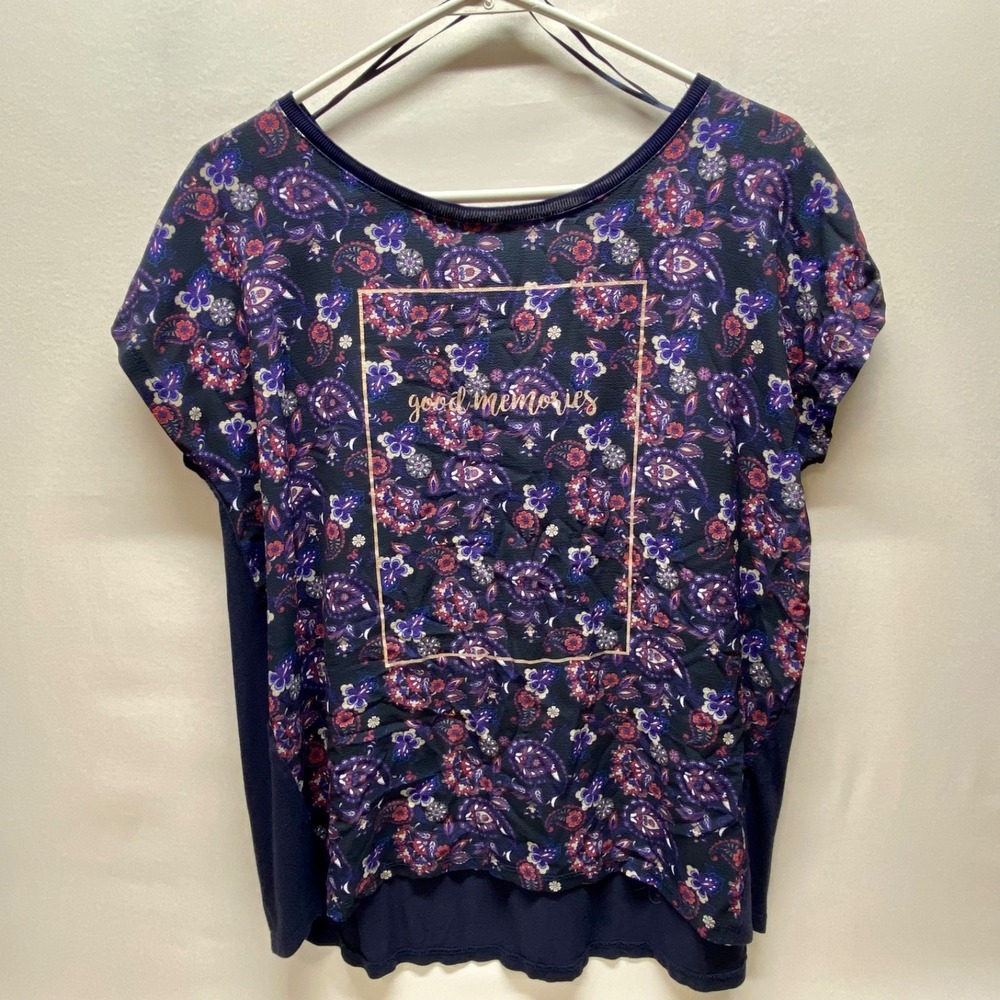 Reserved Blouse Women's Large Blue Paisley Lightweight Good Memories Quote Shirt